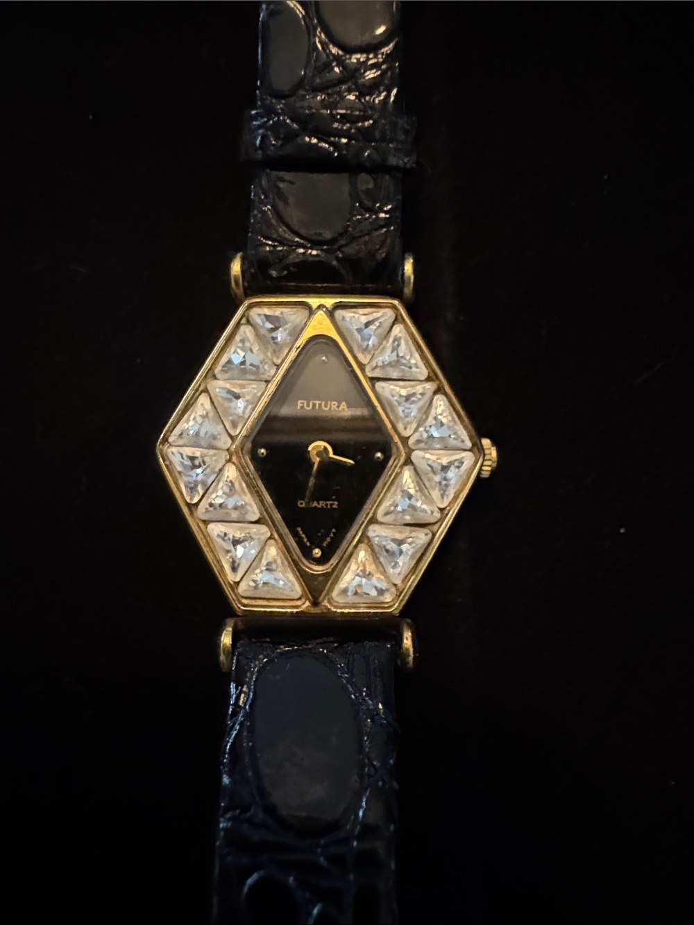 Vintage rare Futura Gold-Tone Hexagon Crystal Accent Watch - Black Strap